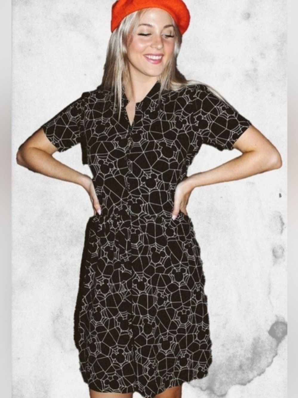 Black Short-Sleeve Collared Mini Dress with White Geometric Print